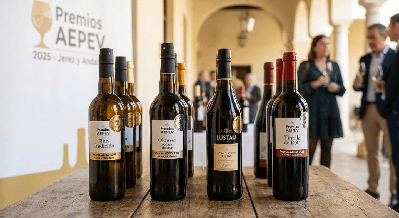 Selección de botellas de vino, brandy y vermut galardonadas en los Premios Aepev 2025