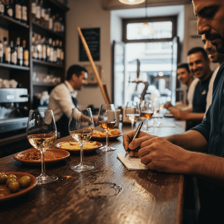 Mano de camarero anotando una cuenta en la barra de un bar tradicional de Jerez, con copas de vino alrededor.