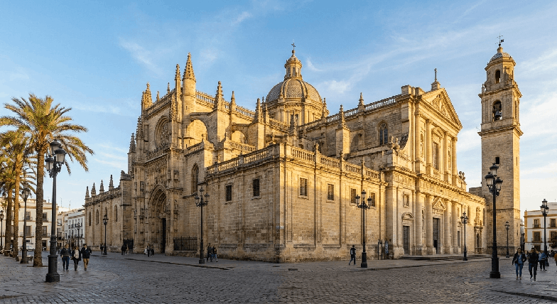 Catedral de Jerez de la Frontera iluminada al atardecer, símbolo monumental de la ciudad y su historia centenaria.