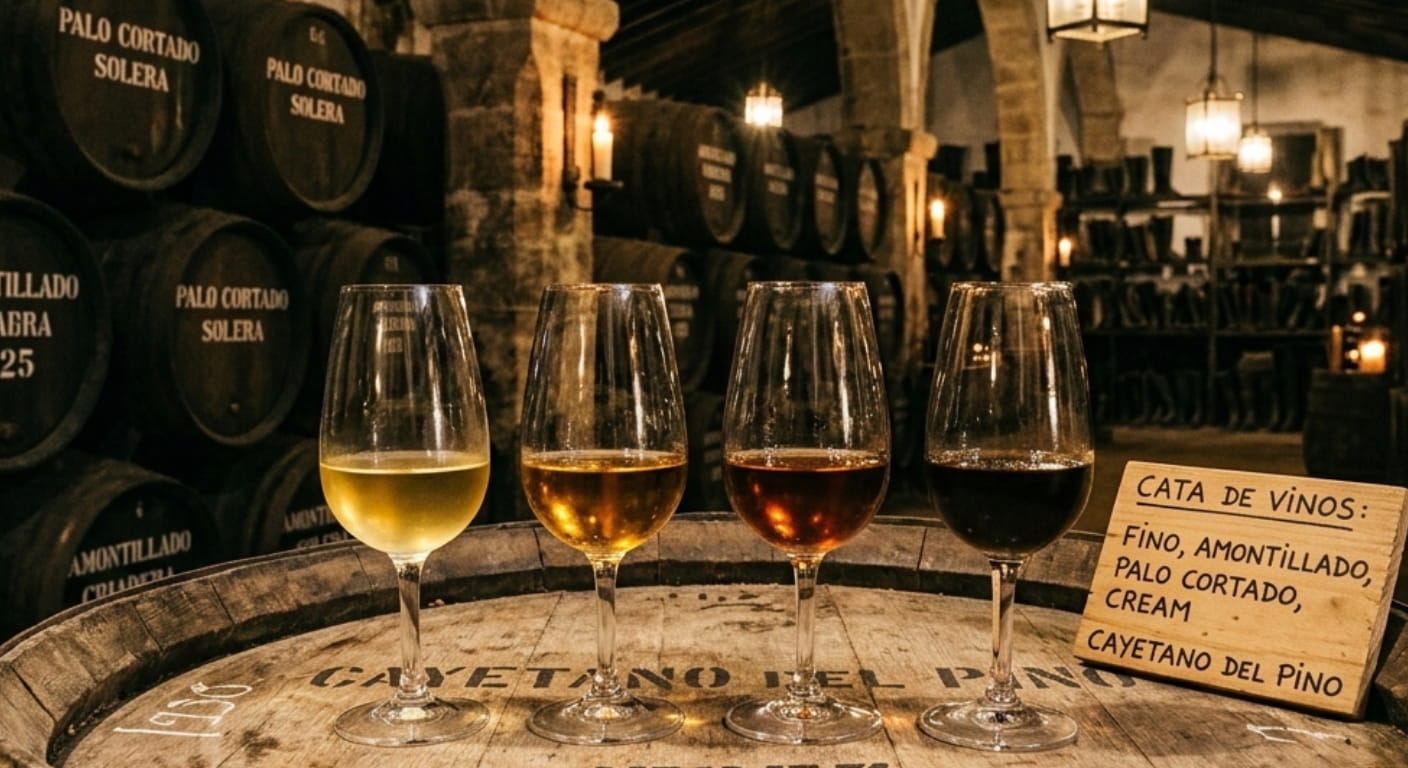foto: Copas de Fino, Amontillado, Palo Cortado y Cream sobre barrica en bodega jerezana | motivo: Ilustra los cuatro vinos protagonistas de la cata en las Noches de Cayetano del Pino, representando la diversidad enológica del Marco de Jerez