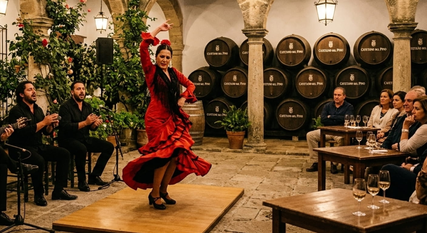 foto: Artista flamenco actuando en patio interior de bodega jerezana con iluminación nocturna | motivo: Representa la fusión entre flamenco y patrimonio bodeguero que define las Noches de Cayetano del Pino en el Patio de los Rosales
