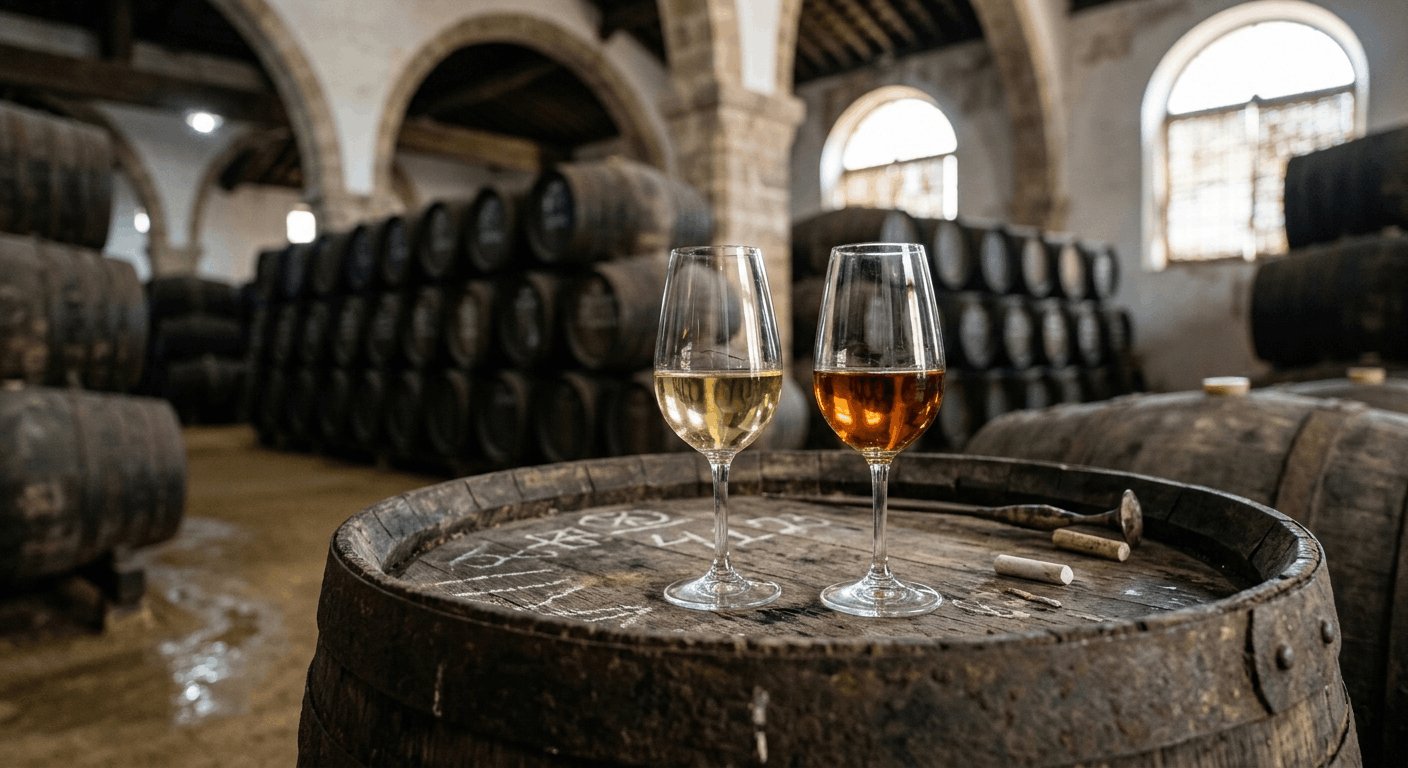 foto: Copas de vino fino y amontillado sobre barrica en bodega jerezana con luz natural | motivo: Ilustra la esencia enológica del evento con las variedades de vino de Jerez que protagonizarán las catas del SherryFest