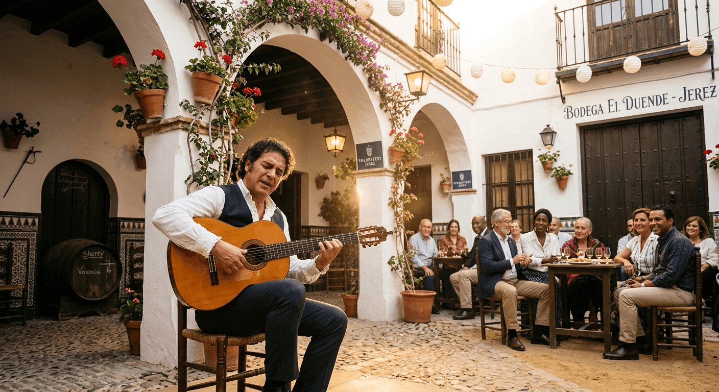 foto: Guitarrista flamenco tocando en patio andaluz de bodega con luz cálida al atardecer | motivo: Representa el componente cultural y artístico del SherryFest, donde el flamenco se fusiona con el vino como expresión de la identidad jerezana