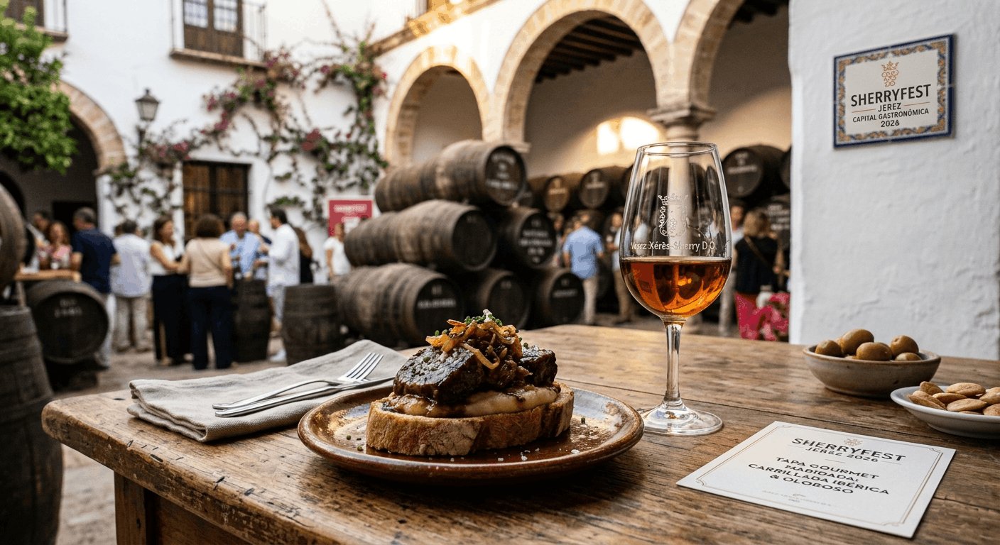 foto: Tapa gourmet jerezana con productos locales maridada con copa de vino de Jerez | motivo: Ejemplifica el componente gastronómico del SherryFest y el vínculo con la capitalidad gastronómica de Jerez 2026