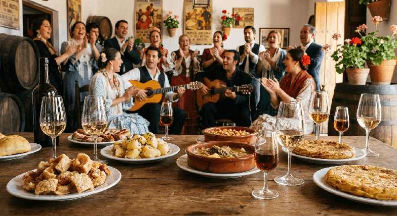 Vasos de vino y platos típicos sobre una mesa en una venta rural de Jerez, rodeados de ambiente festivo.